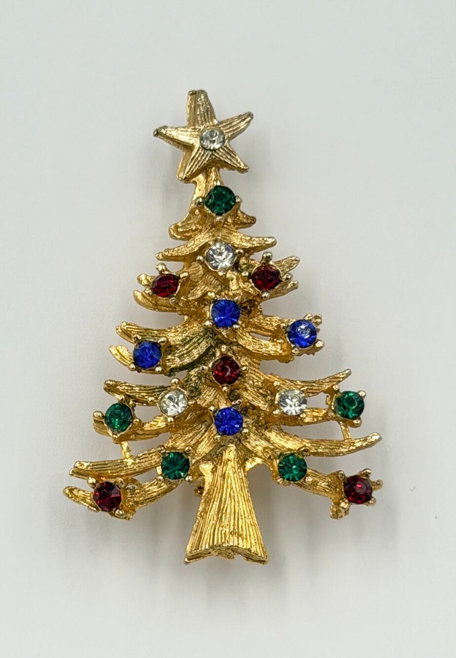 Vintage LJM Laurentian Jewelry Gold Christmas Tree Holiday Rhinestone Brooch Pin